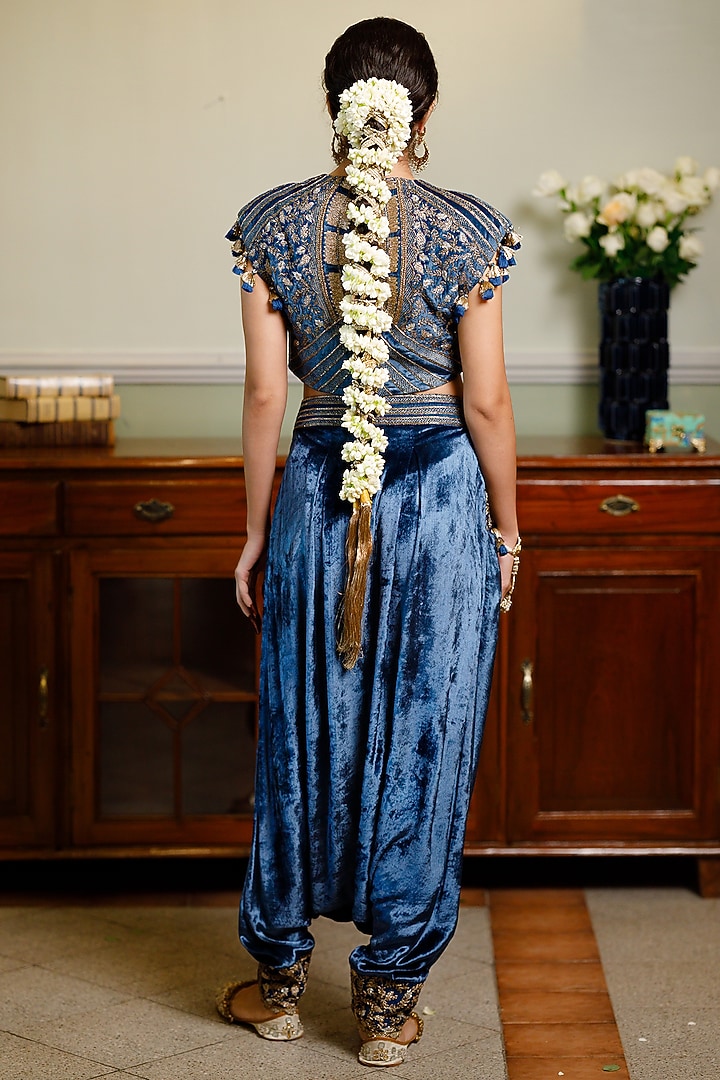 Navy Blue Velvet Embroidered Dhoti Pant Set by Payal Singhal at Pernia's Pop Up Shop