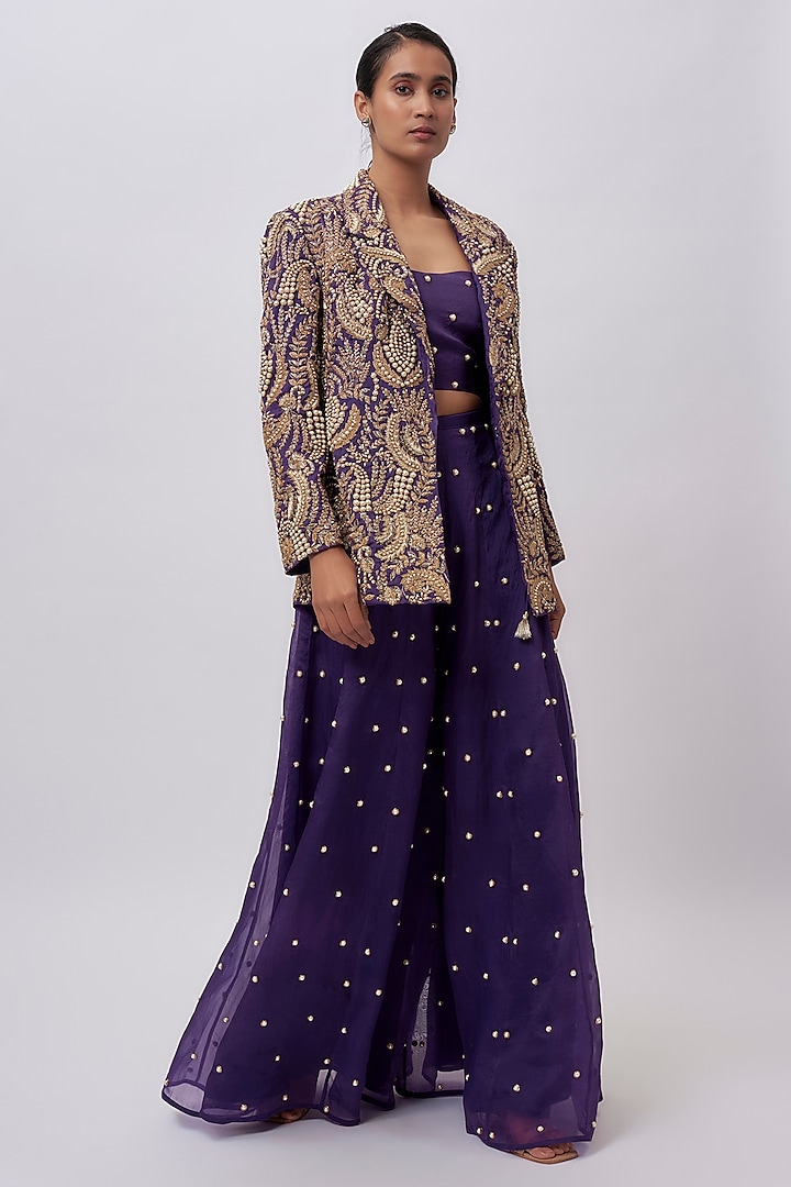 Purple Organza Hand Embroidered Blazer Set by Payal Singhal at Pernia's Pop Up Shop