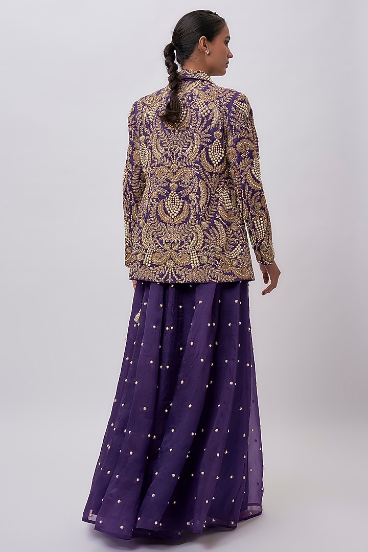 Purple Organza Hand Embroidered Blazer Set by Payal Singhal at Pernia's Pop Up Shop