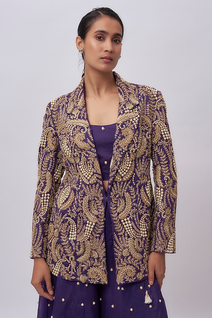 Purple Organza Hand Embroidered Blazer Set by Payal Singhal at Pernia's Pop Up Shop