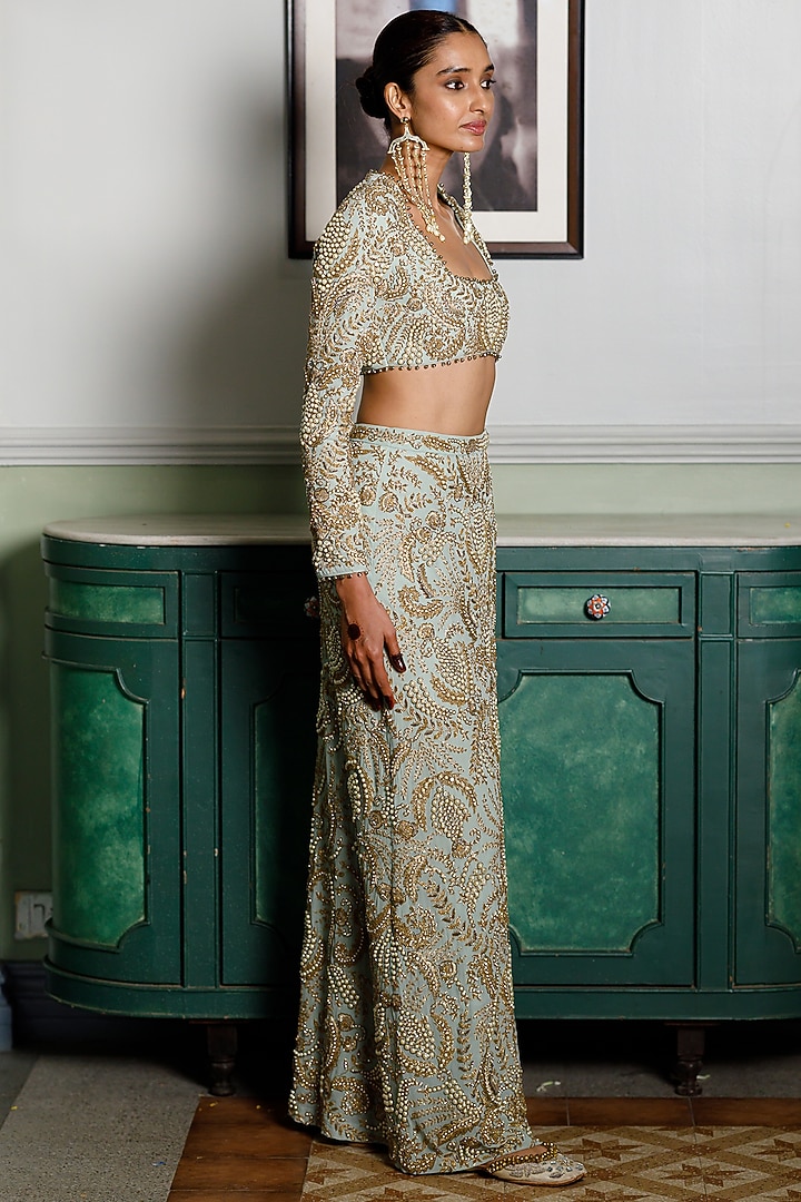 Mint Georgette Embroidered Skirt Set by Payal Singhal at Pernia's Pop Up Shop