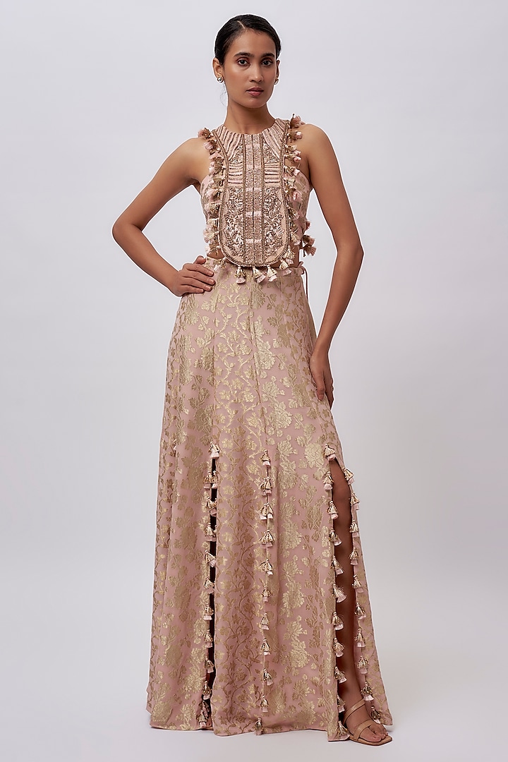 Blush Pink Brocade Silk Embroidered Skirt Set by Payal Singhal at Pernia's Pop Up Shop