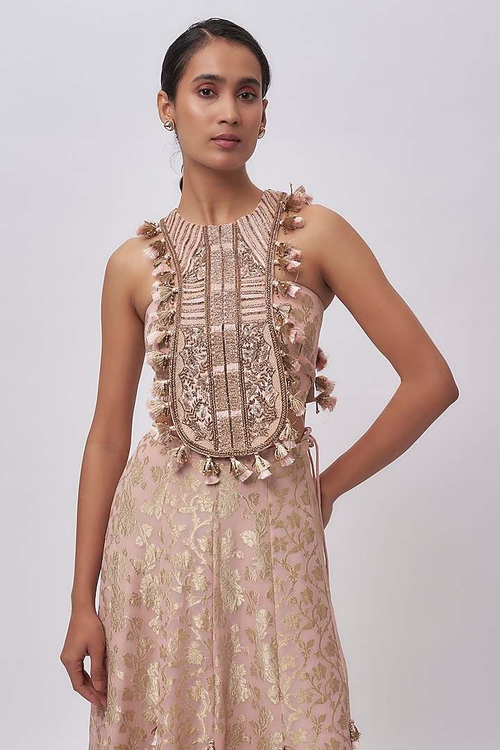 Blush Pink Brocade Silk Embroidered Skirt Set by Payal Singhal at Pernia's Pop Up Shop