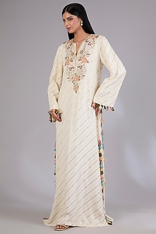 Off-White Dola Silk Resham Embroidered Kaftan by Payal Singhal