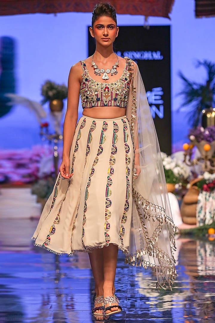 Multi Colored Embroidered Scallop Lehenga Set by Payal Singhal