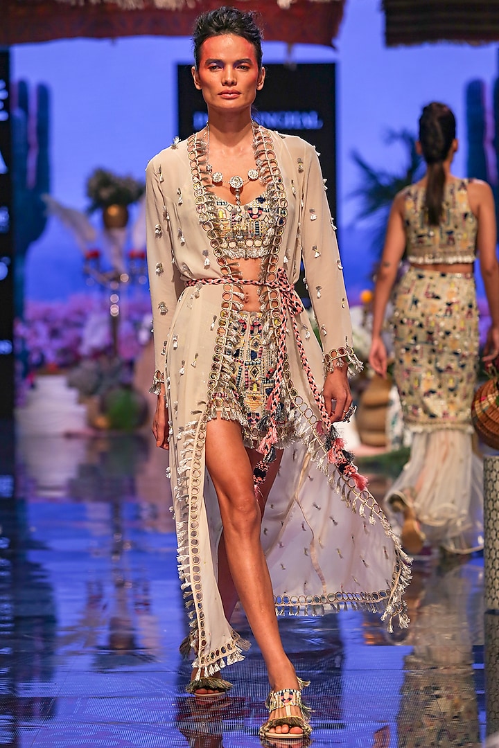 Multi Colored Embroidered Bustier With Shorts & Jacket by Payal Singhal