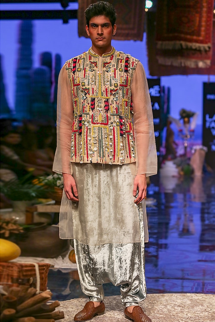 Periwinkle Blue Embroidered Kurta Set With Multicolored Nehru Jacket by Payal Singhal Men