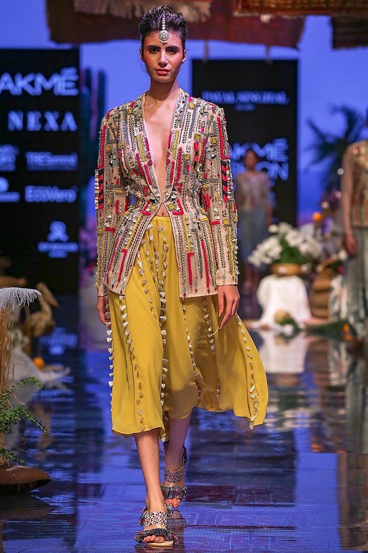 Multi Colored Embroidered Jacket With Lime Green Skirt by Payal Singhal