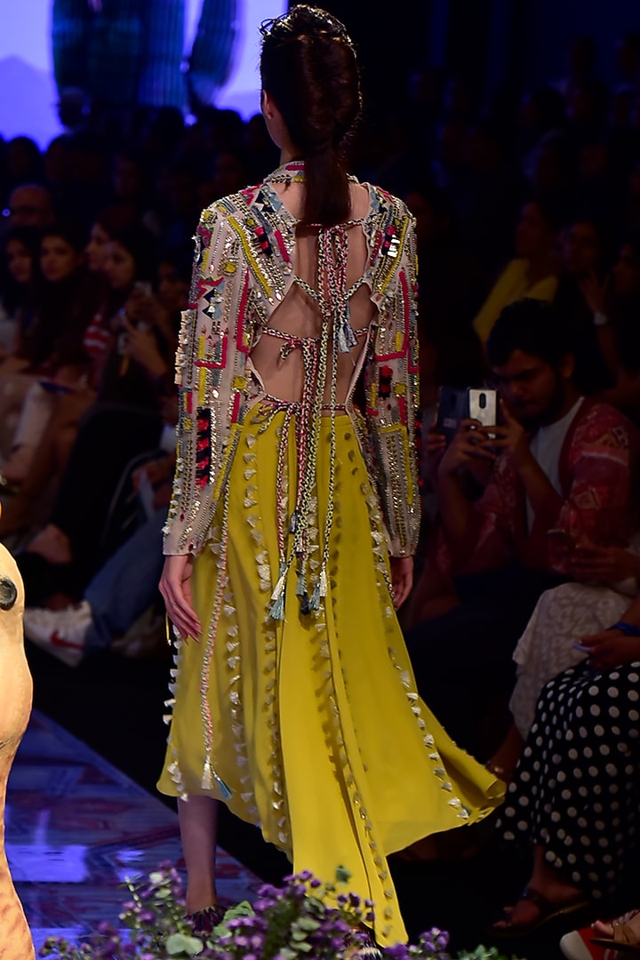 Multi Colored Embroidered Jacket With Lime Green Skirt by Payal Singhal at Pernia's Pop Up Shop