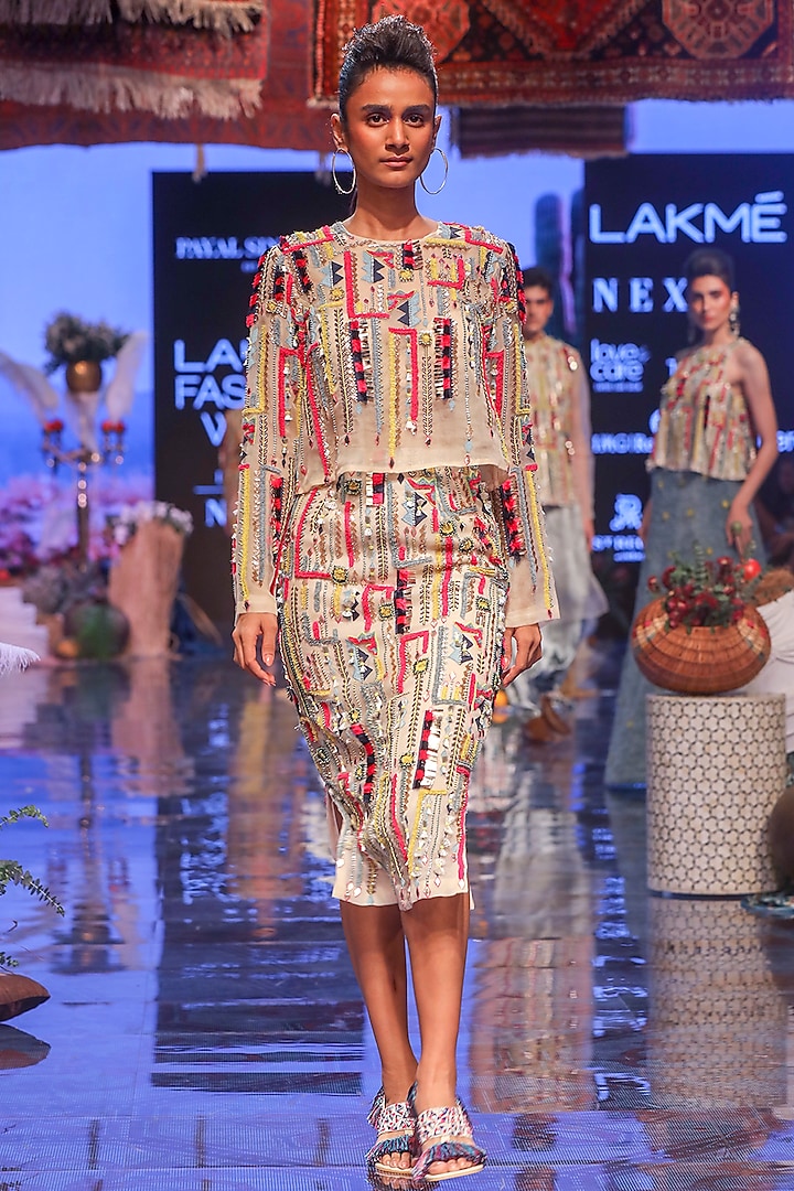 Multi Colored Embroidered Top With Skirt by Payal Singhal