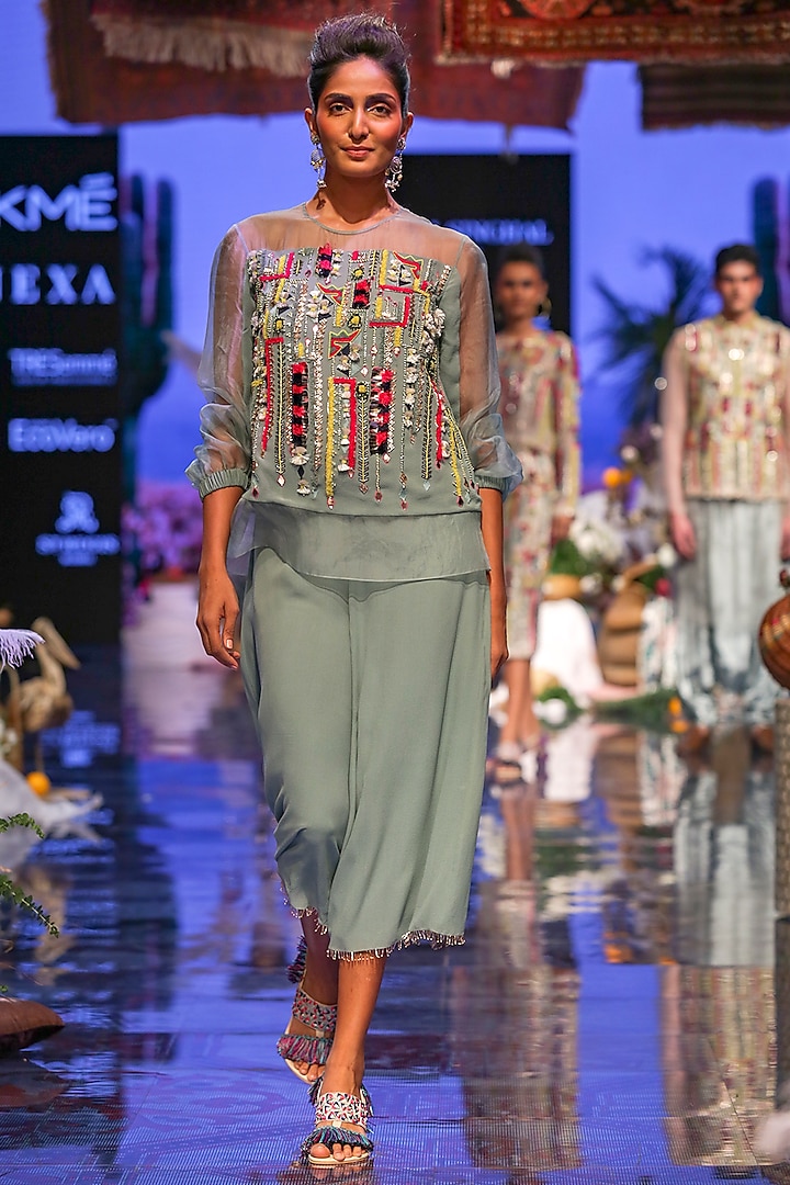 Periwinkle Blue Embroidered Top With Culotte Pants by Payal Singhal