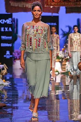 Periwinkle Blue Embroidered Top With Culotte Pants by Payal Singhal