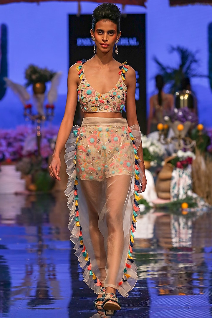 Multi Colored Embroidered Bustier With Shorts & Pants by Payal Singhal