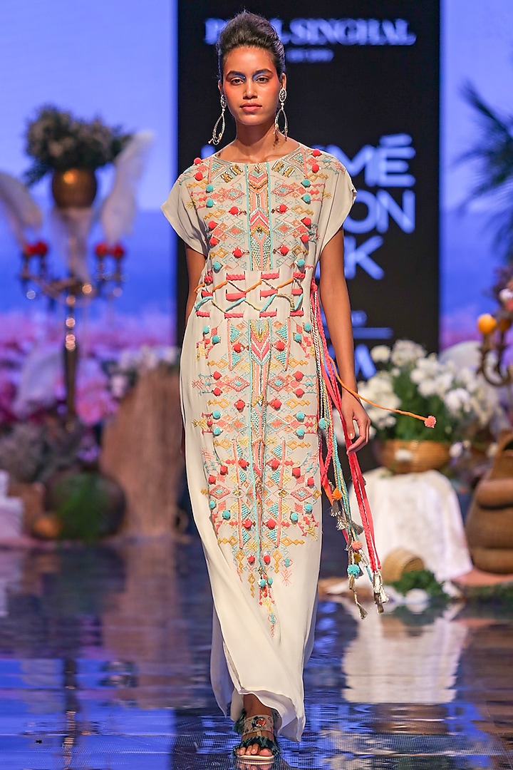 Chalk White Embroidered Kaftan With Belt by Payal Singhal