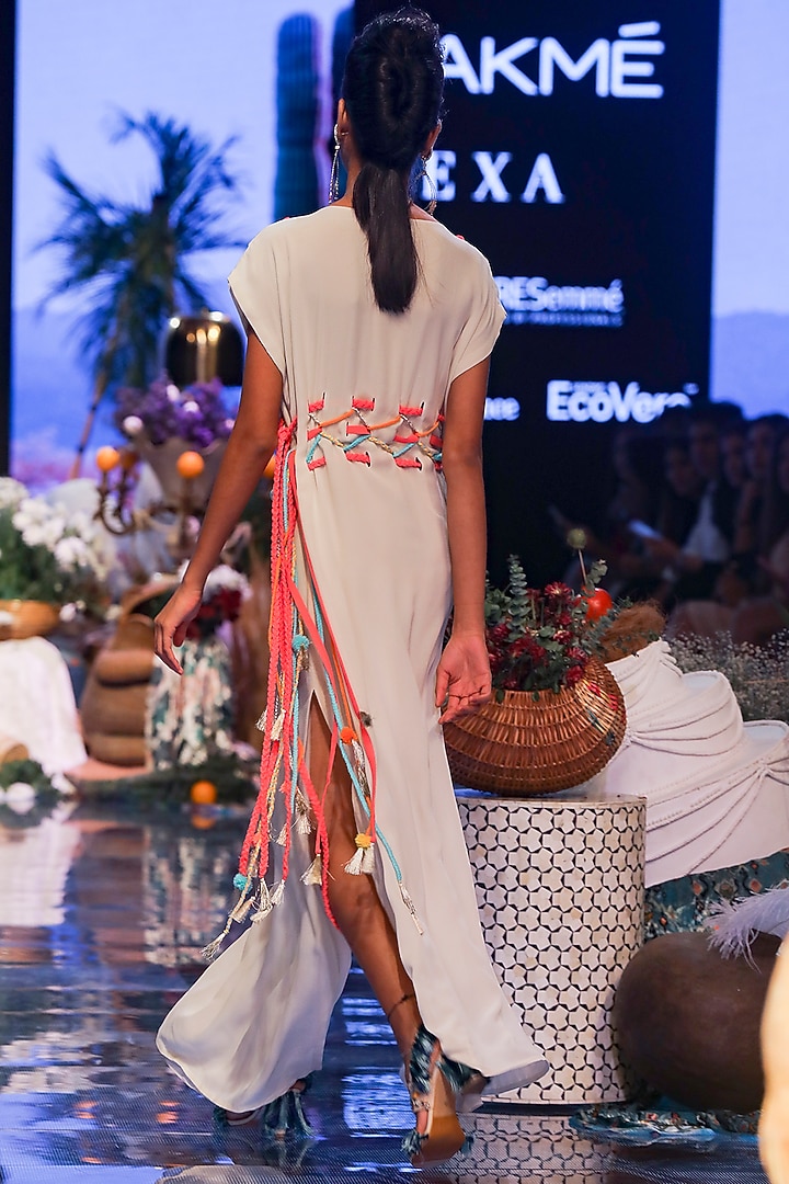 Chalk White Embroidered Kaftan With Belt by Payal Singhal at Pernia's Pop Up Shop