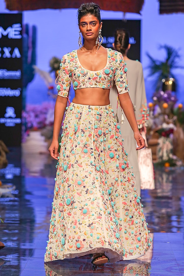 Chalk White Embroidered Blouse With Lehenga Skirt by Payal Singhal