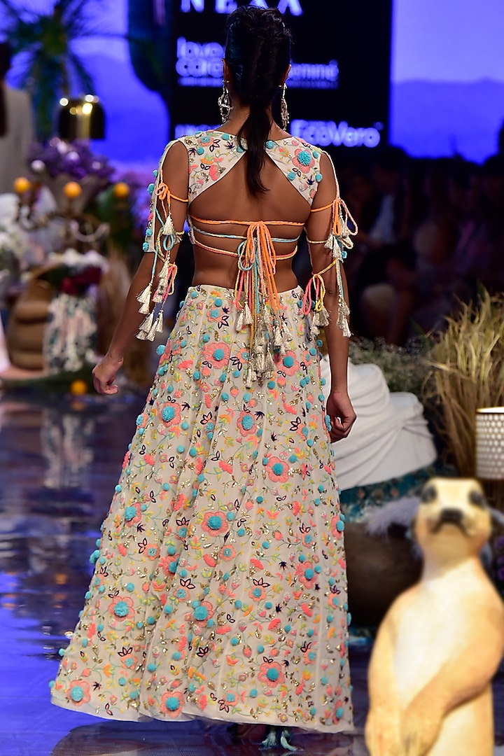 Chalk White Embroidered Blouse With Bridal Lehenga Skirt by Payal Singhal at Pernia's Pop Up Shop