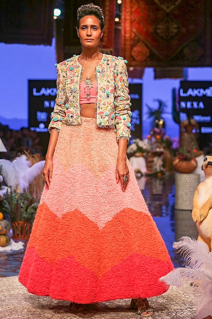 Chalk White & Neon Pink Embroidered Jacket Lehenga Set by Payal Singhal