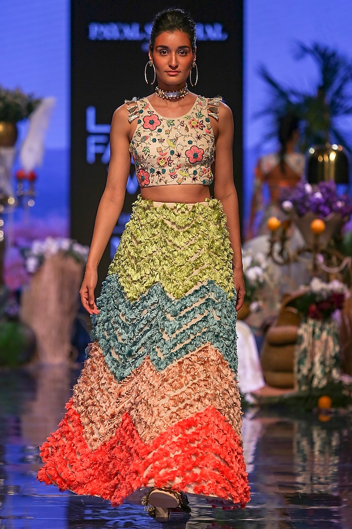 Multi Colored Embroidered Blouse With Tasseled Lehenga Skirt by Payal Singhal