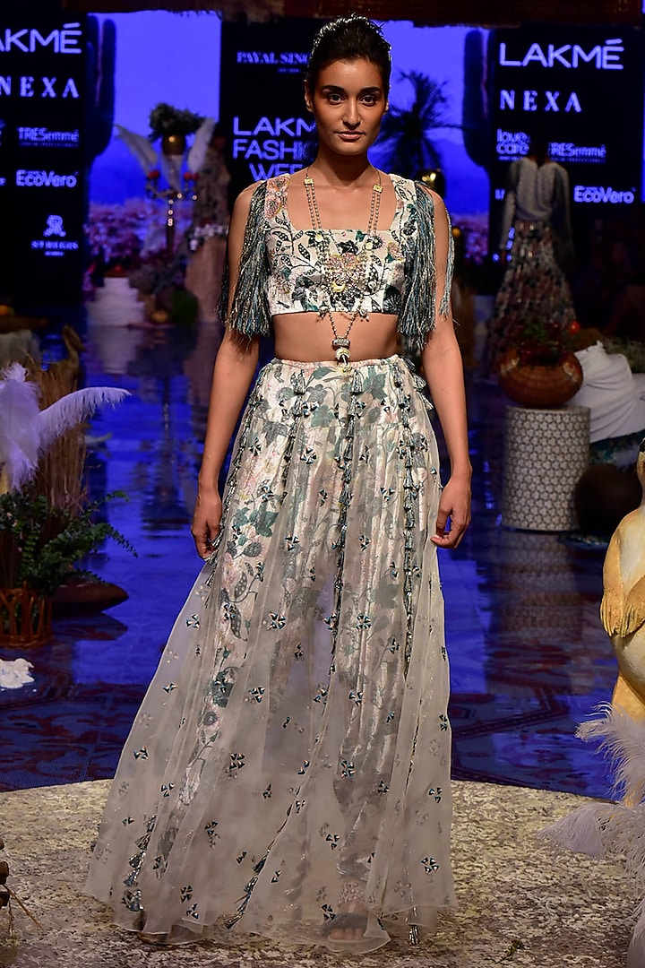 White Embroidered & Printed Blouse With Pants & Attached Skirt by Payal Singhal