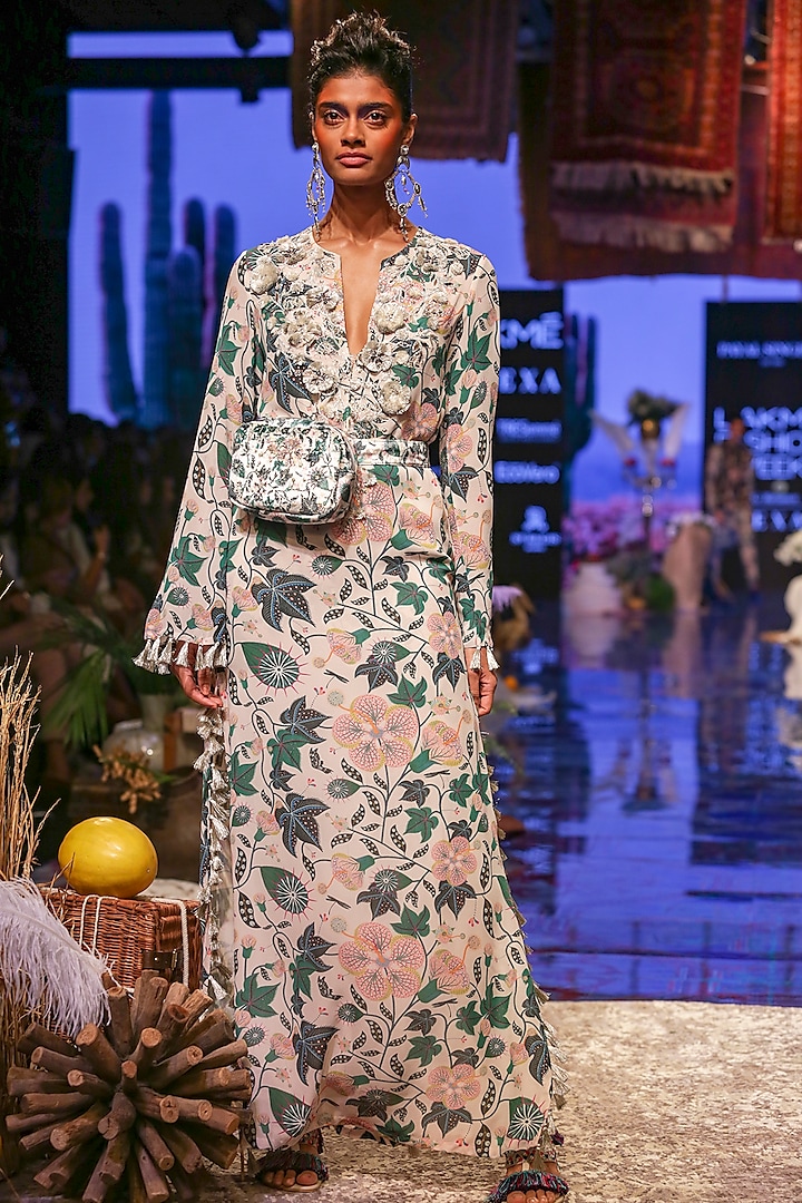 White Printed & Embroidered Kurta With Pants by Payal Singhal