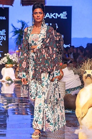 Brown Printed Kimono Jacket With White Pants & Bustier by PS Pret by Payal Singhal