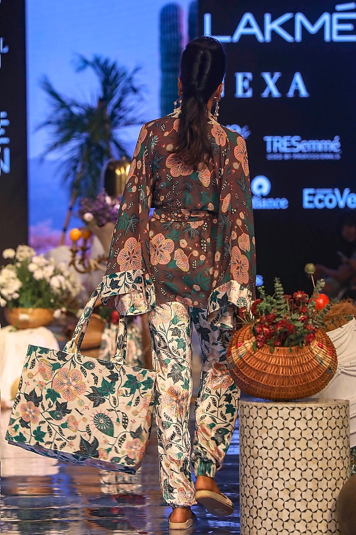 Brown Printed Kimono Jacket With White Pants & Bustier by PS Pret by Payal Singhal at Pernia's Pop Up Shop
