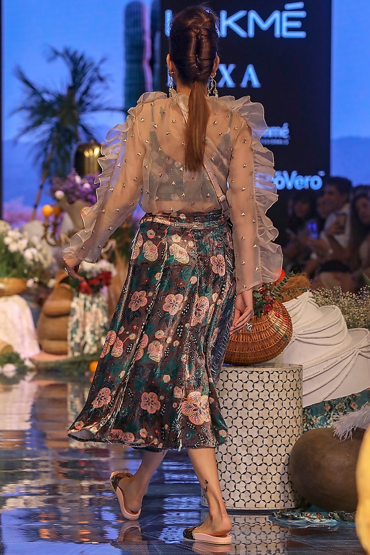 Brown Embroidered Sheer Top With Printed Bustier & Skirt Design by Payal  Singhal at Pernia's Pop Up Shop 2024