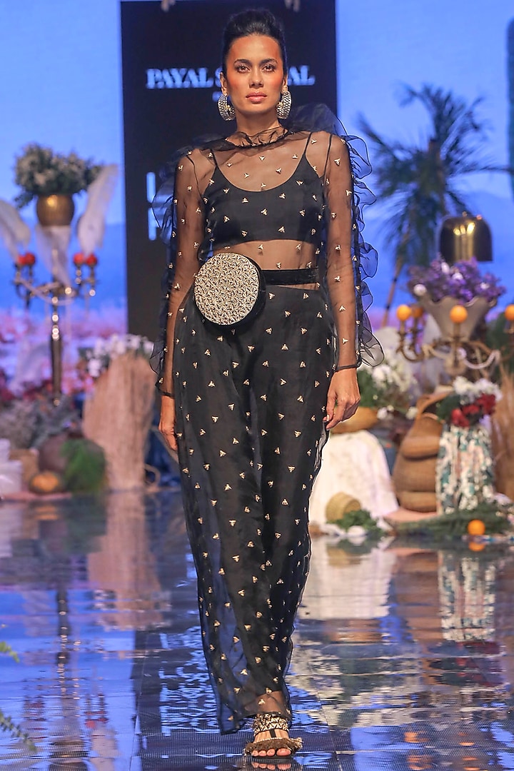 Black Embroidered Sheer Kurta With Bustier & Pants Design by Payal ...