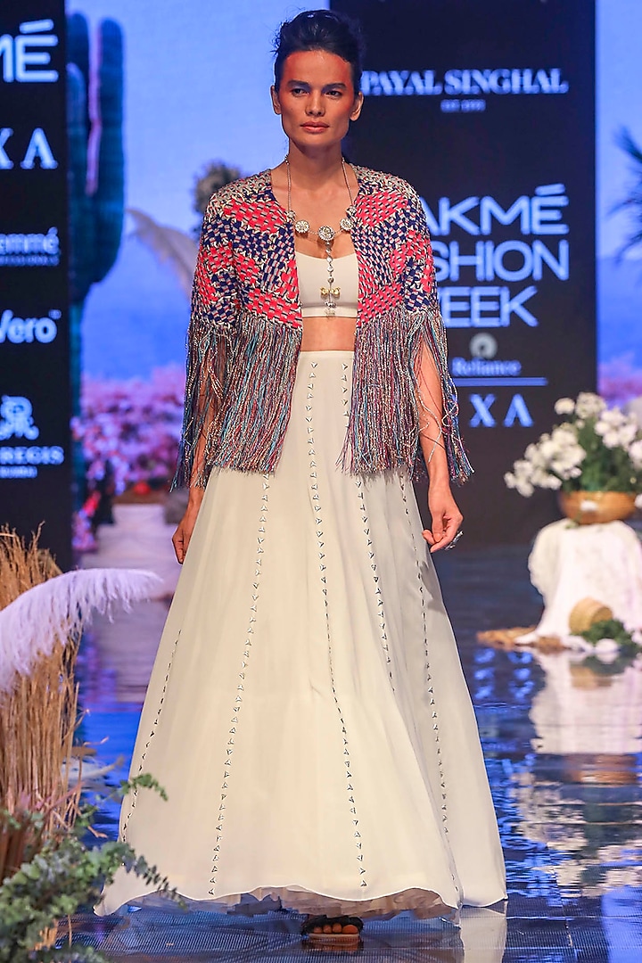 Chalk White Embroidered Jacket Wedding Lehenga Set by Payal Singhal at Pernia's Pop Up Shop