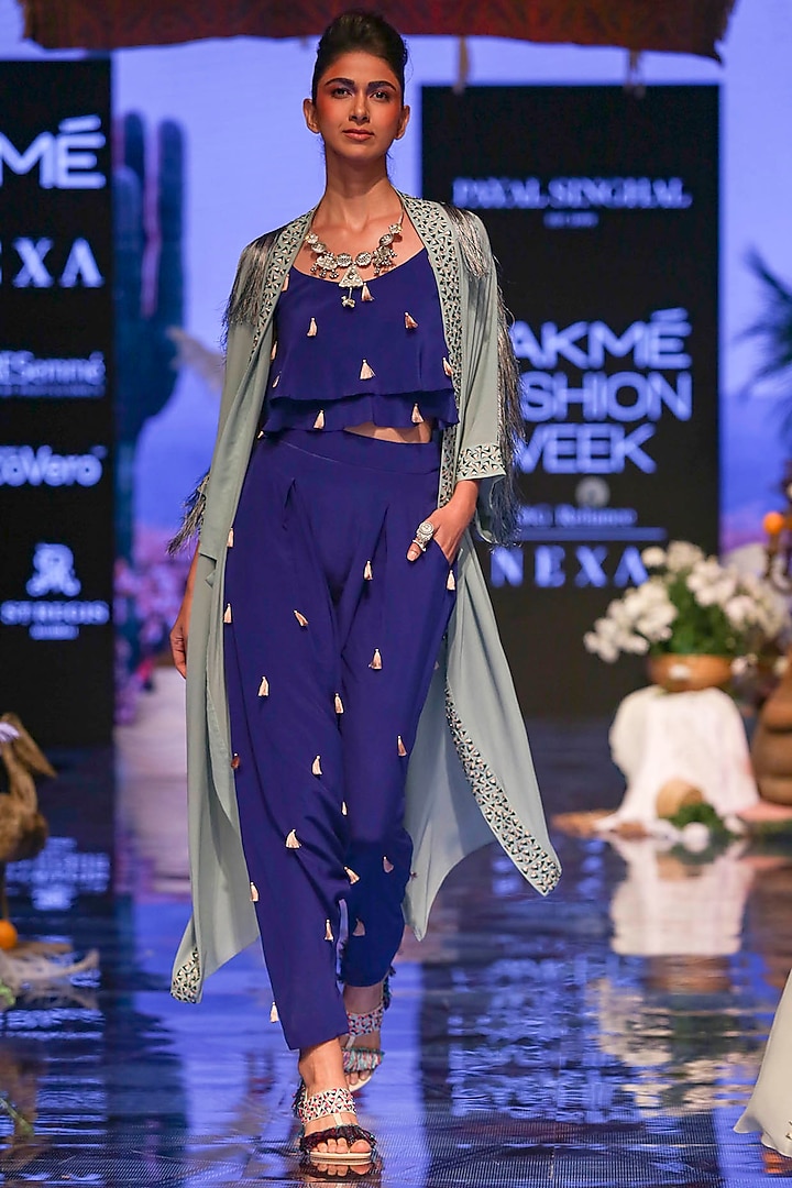 Periwinkle Blue Embroidered Jacket With Cobalt Blue Top & Pants by Payal Singhal