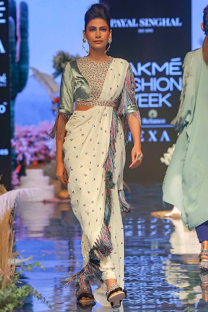 Chalk White Embroidered Saree Set by Payal Singhal