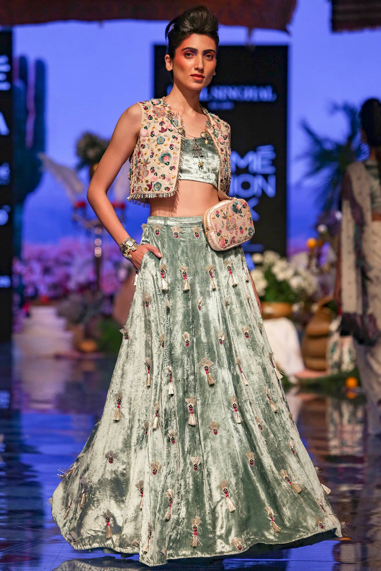 Classy Blue colored Embroidered Lehenga Set with jacket - Rent