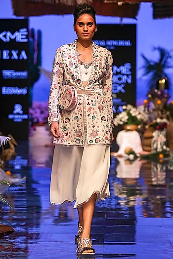Chalk White Embroidered Jacket With Bustier & Pants by Payal Singhal at Pernia's Pop Up Shop