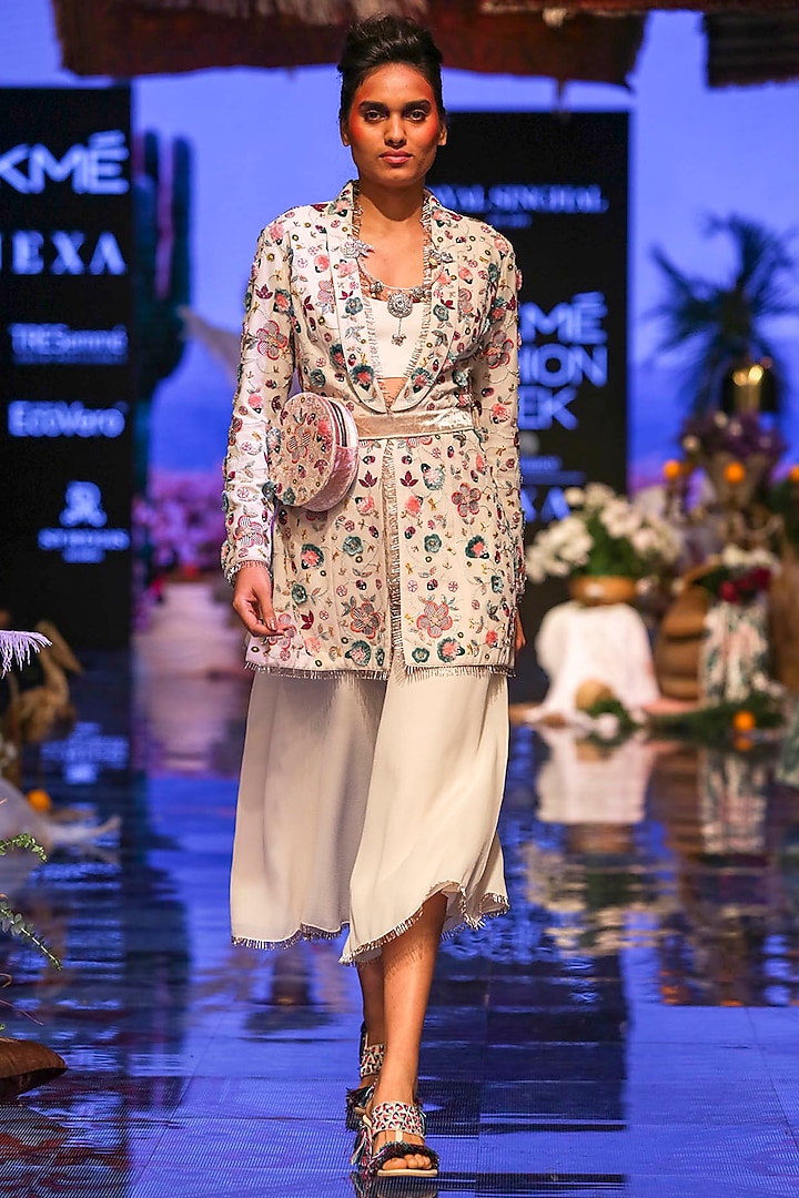 Chalk White Embroidered Jacket With Bustier & Pants by Payal Singhal