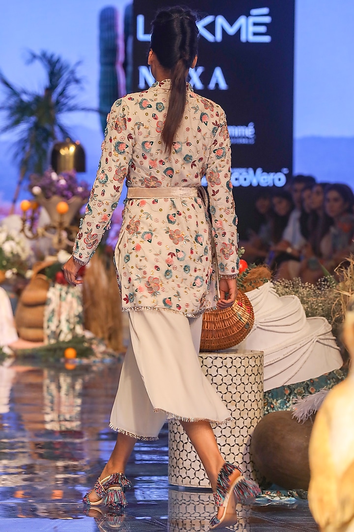 Chalk White Embroidered Jacket With Bustier & Pants by Payal Singhal at Pernia's Pop Up Shop