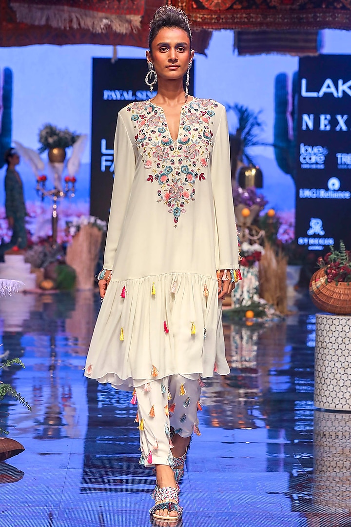 Chalk White Embroidered Kurta With Jogger Pants by Payal Singhal