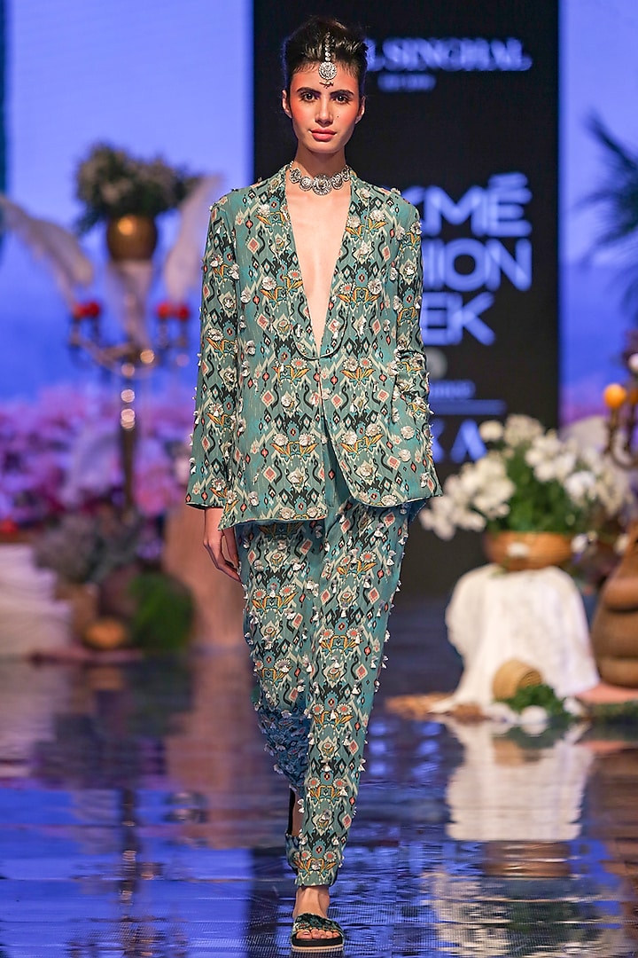 Blue Printed & Embroidered Jacket With Pants by Payal Singhal at Pernia's Pop Up Shop