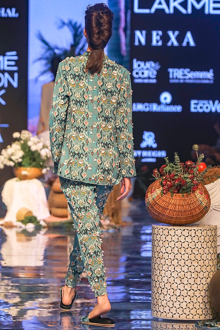 Blue Printed & Embroidered Jacket With Pants by Payal Singhal at Pernia's Pop Up Shop