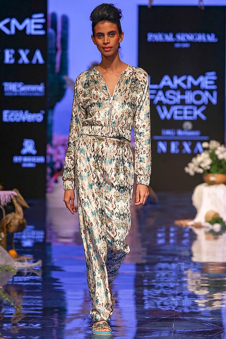 White Printed & Embroidered Bomber Jacket With Pants by Payal Singhal