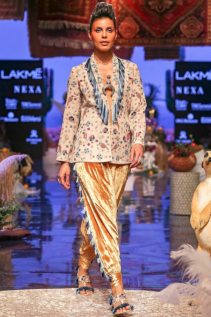 Multi Colored Embroidered Jacket With Mustard Yellow Pants by Payal Singhal