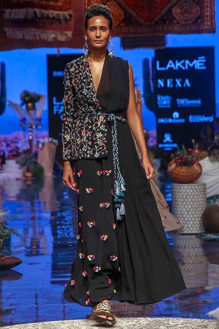 Black Embroidered Half Jacket With Drape & Skirt by Payal Singhal