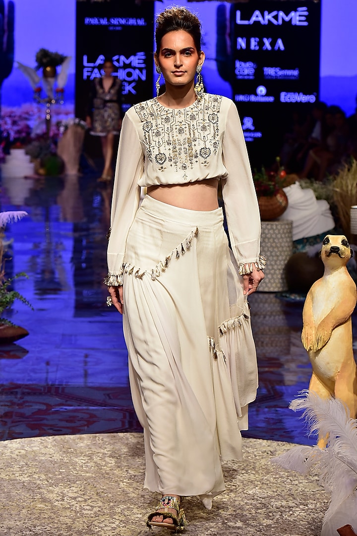 Chalk White Embroidered Top With Asymmetric Skirt by Payal Singhal
