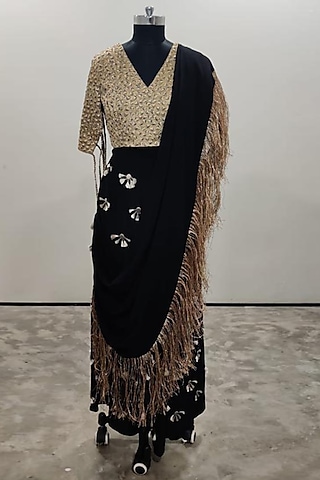 Black Blouse With Pants & Drape by Payal Singhal