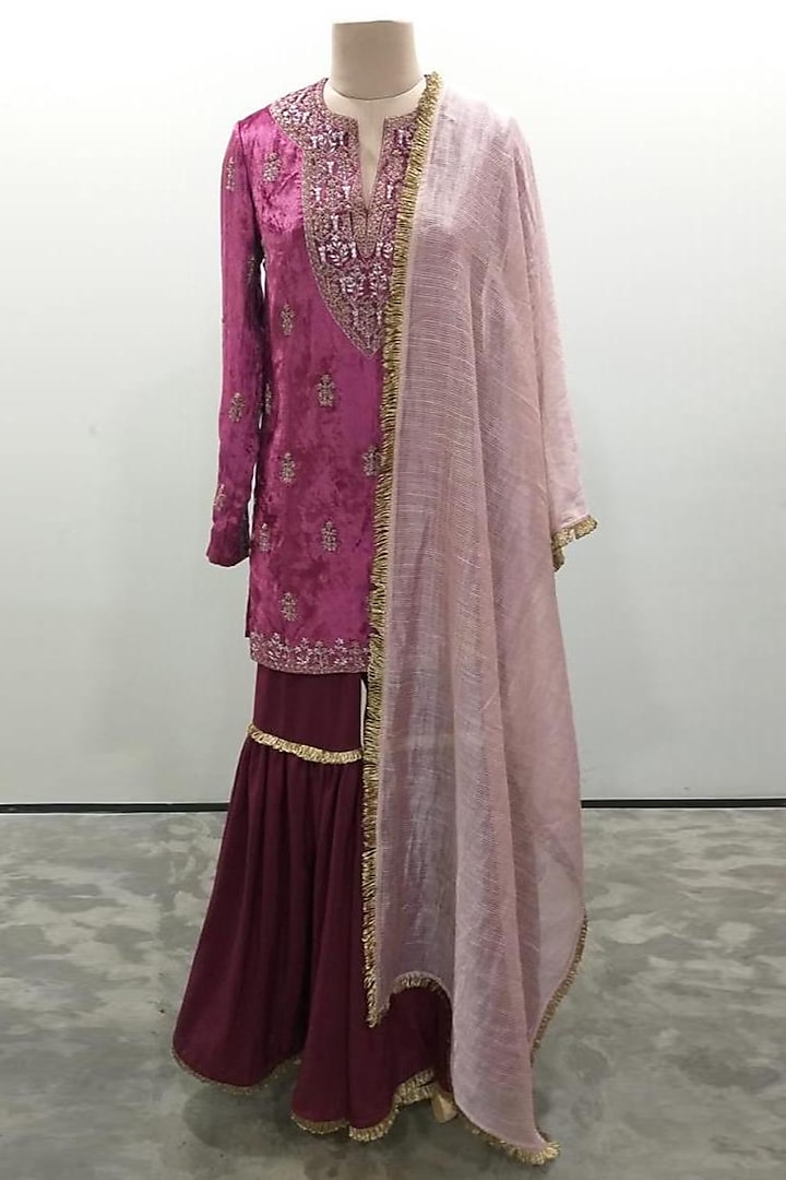 Cranberry Embroidered Sharara Set by Payal Singhal