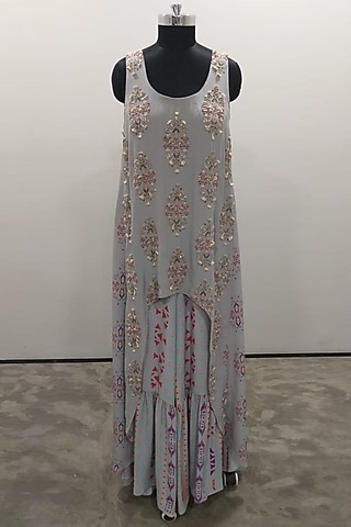 Grey Printed & Embroidered Top With Pants by Payal Singhal