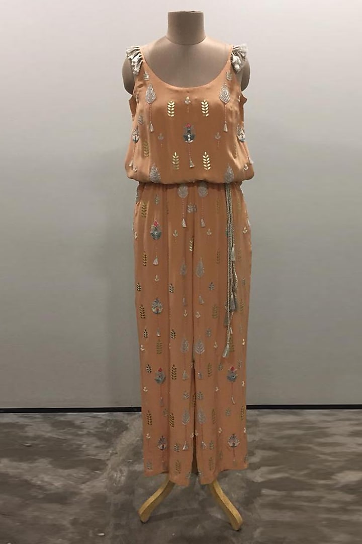 Peach & Grey Embroidered Jumpsuit by Payal Singhal at Pernia's Pop Up Shop