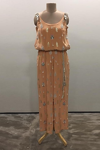Peach & Grey Embroidered Jumpsuit by Payal Singhal