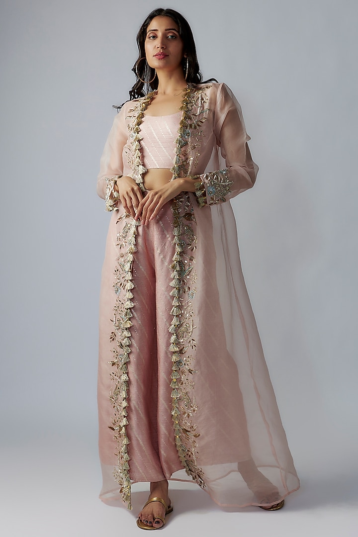 Pink Organza Hand Embroidered Jacket Set by Payal Singhal at Pernia's Pop Up Shop