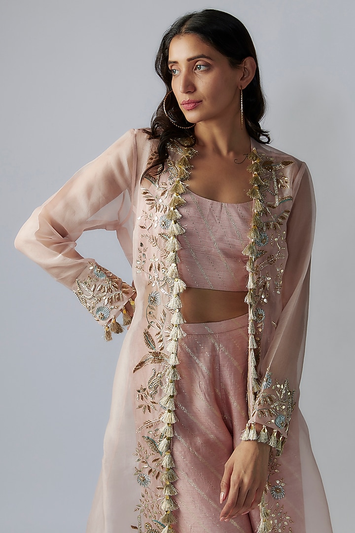 Pink Organza Hand Embroidered Jacket Set by Payal Singhal at Pernia's Pop Up Shop